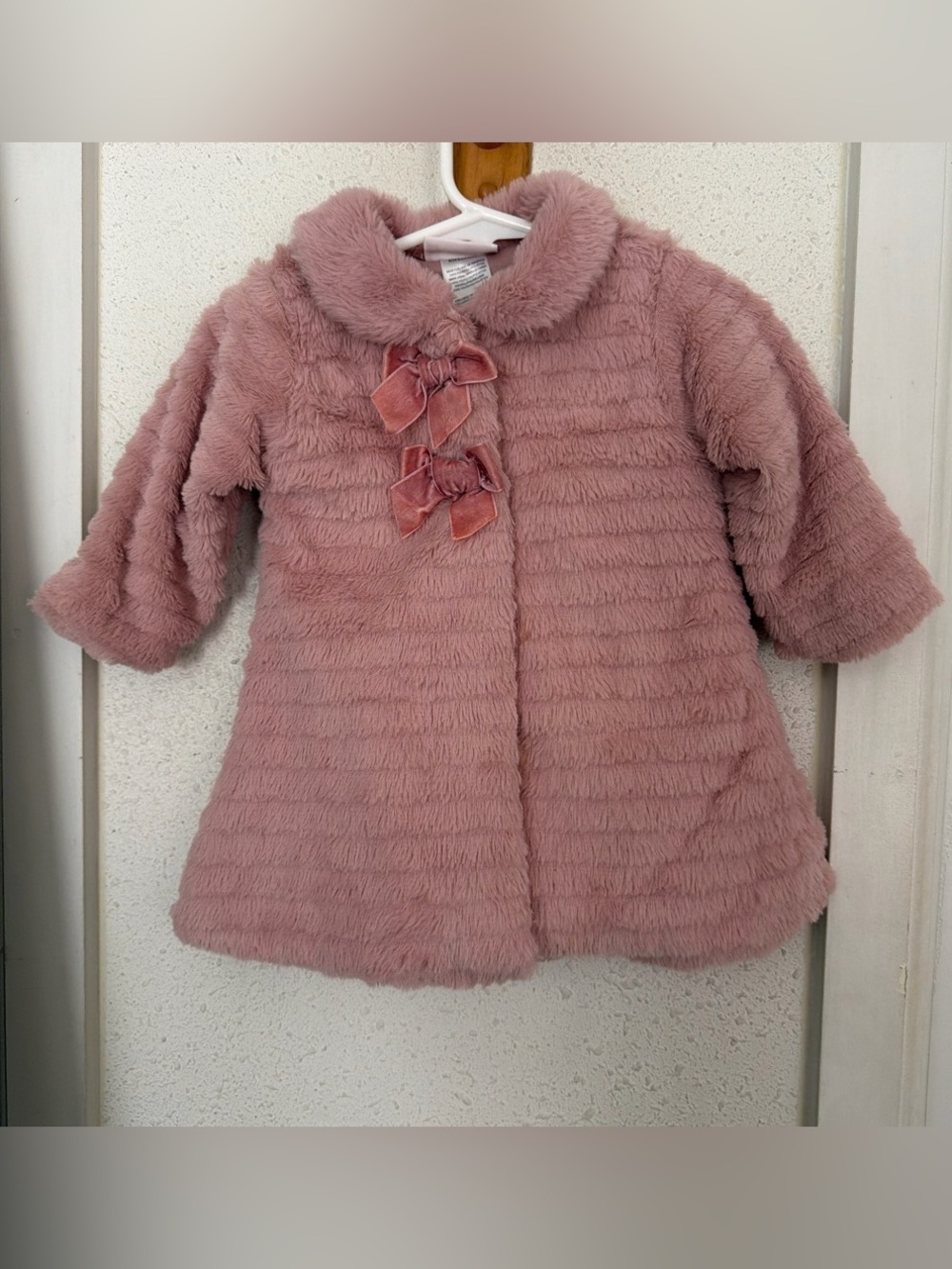 Little Lass Faux Fur Pea Coat with Velvet Bows